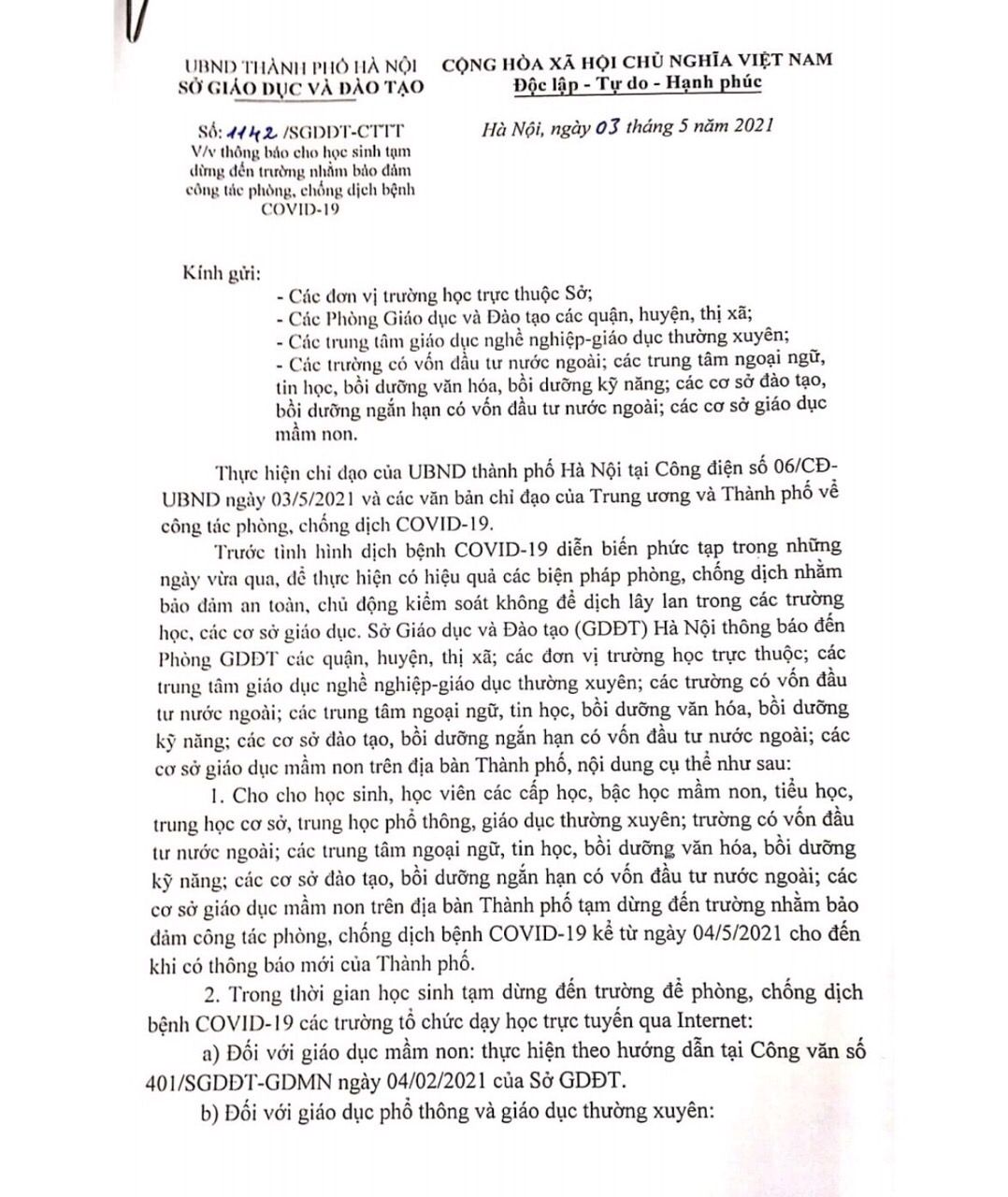 Thông báo về việc cho học sinh tạm dừng đến trường nhằm đảm bảo công tác phòng chống dịch Covid-19