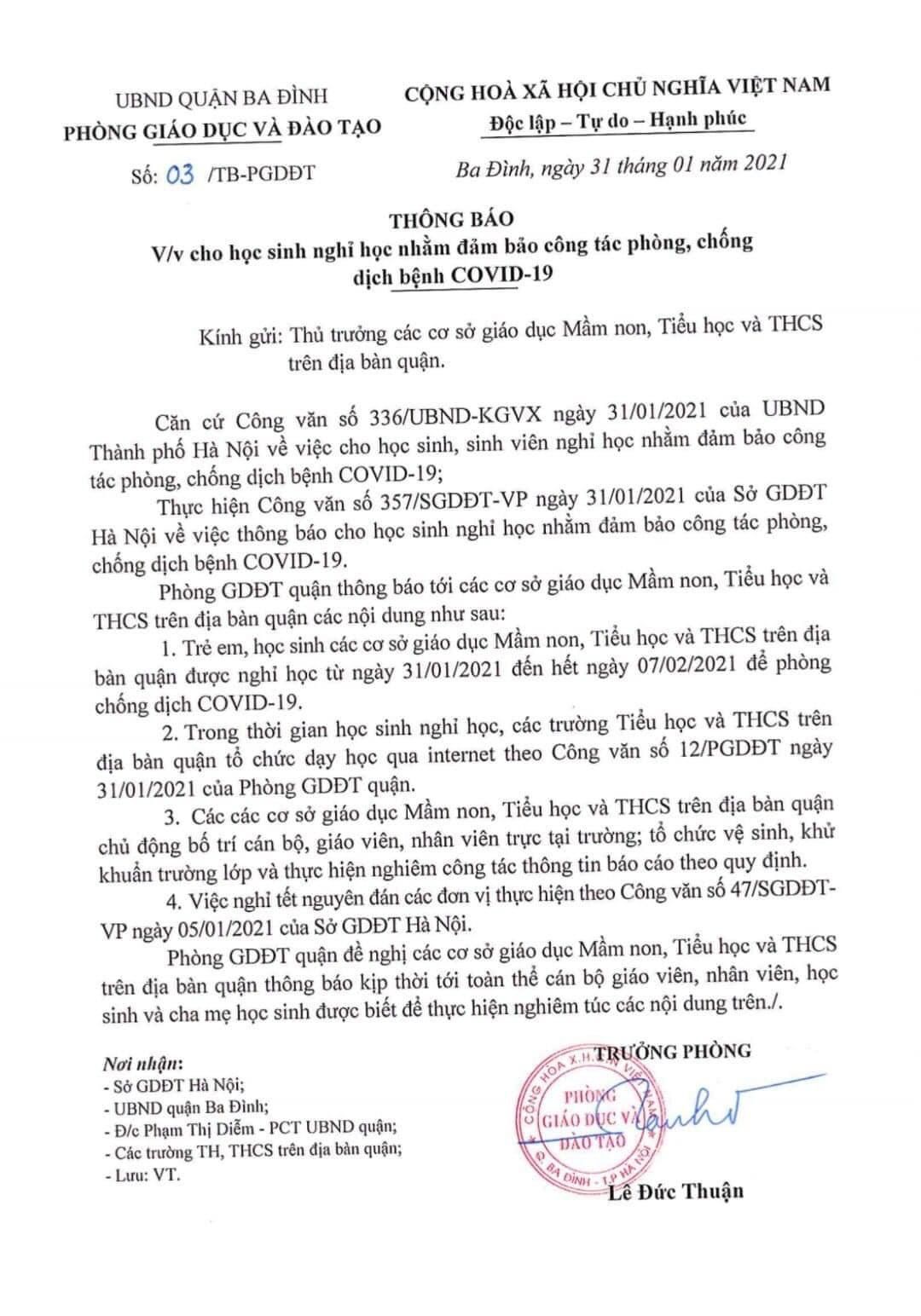 Học sinh nghỉ học nhằm đảm bảo công tác phòng, chống dịch bệnh COVID -19