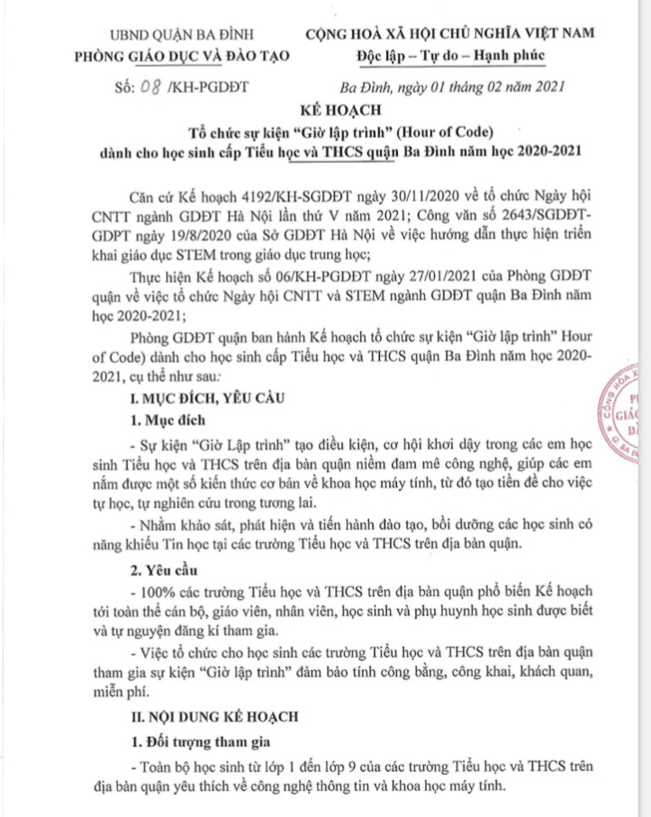 Thông báo Kế hoạch tổ chức sự kiện " Giờ lập trình"( Hour of Code) dành cho HS cấp Tiểu học và THCS quận Ba Đình năm học 2020-2021