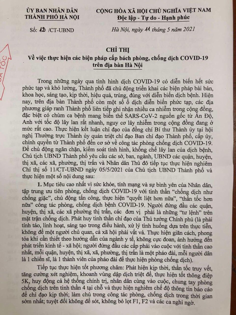 Công văn về việc tăng cường thực hiện quyết liệt các biện pháp phòng chống dịch bệnh Covid-19