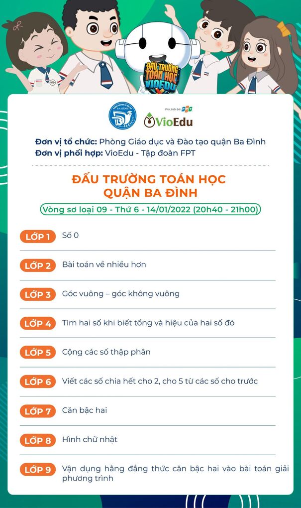 Chủ đề Đấu trường Toán học quận Ba Đình vòng sơ loại 9 (14/01/2022)