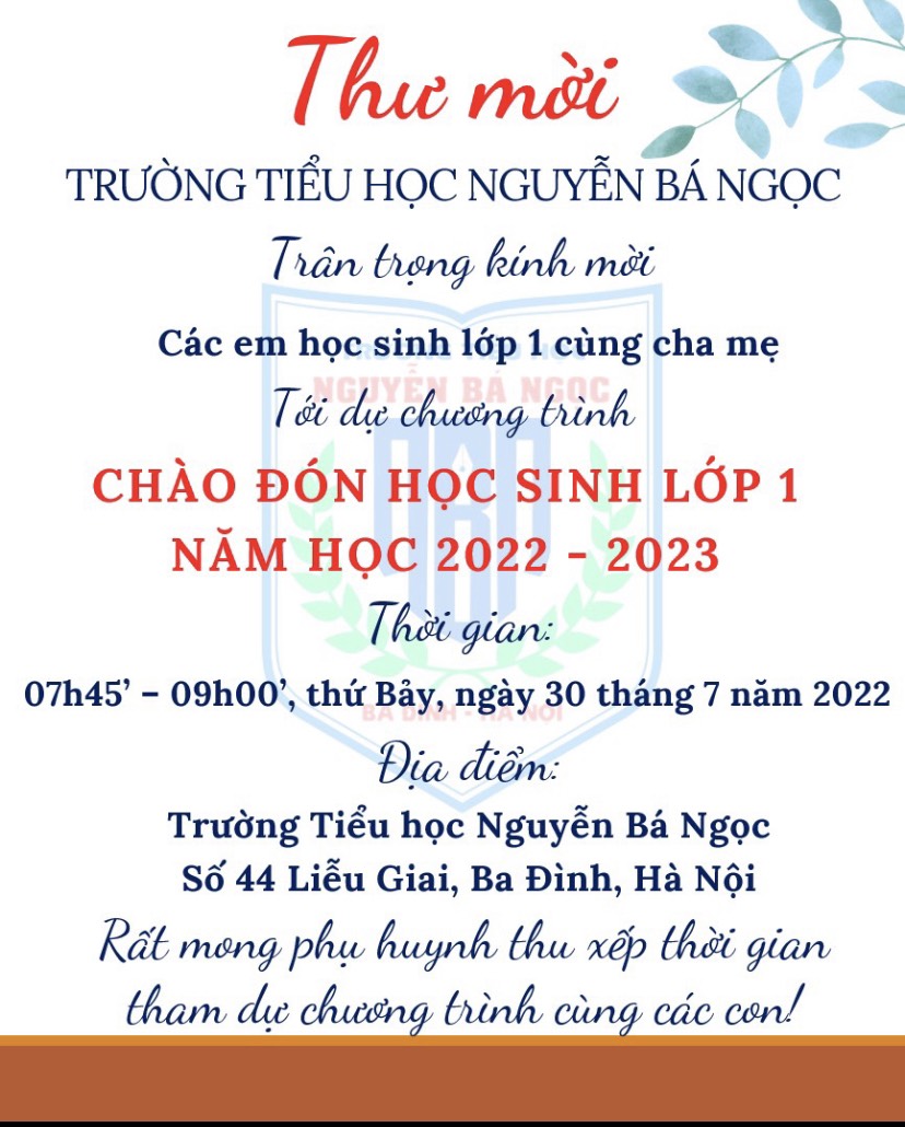 Thư mời tham dự chương trình Chào đón học sinh lớp 1 năm học 2022 - 2023