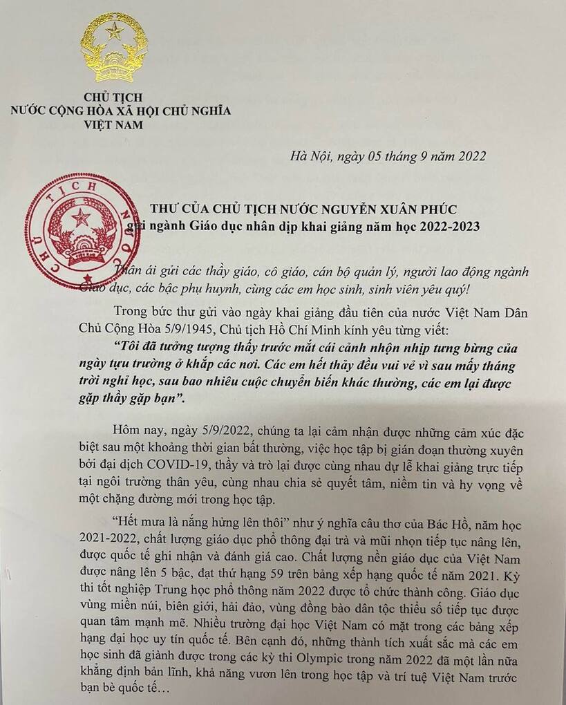 Thư của Chủ tịch nước Nguyễn Xuân Phúc gửi ngành giáo dục nhân dịp khai giảng năm học 2022 - 2023