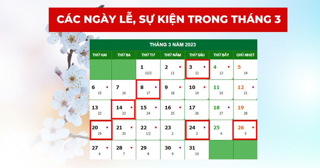 Các ngày lễ, sự kiện trong tháng 3