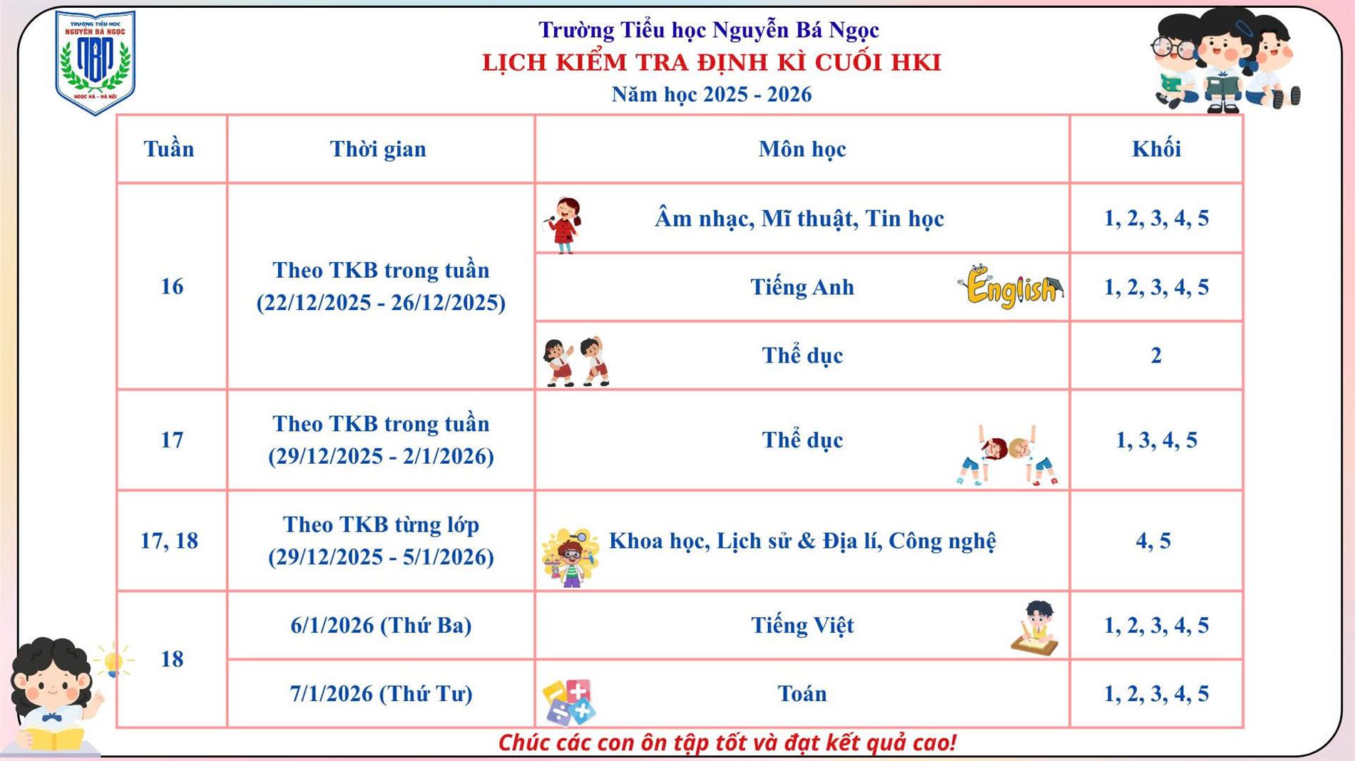 Trường Tiểu học Nguyễn Bá Ngọc thông báo lịch thi cuối học kỳ I năm học 2025 - 2026