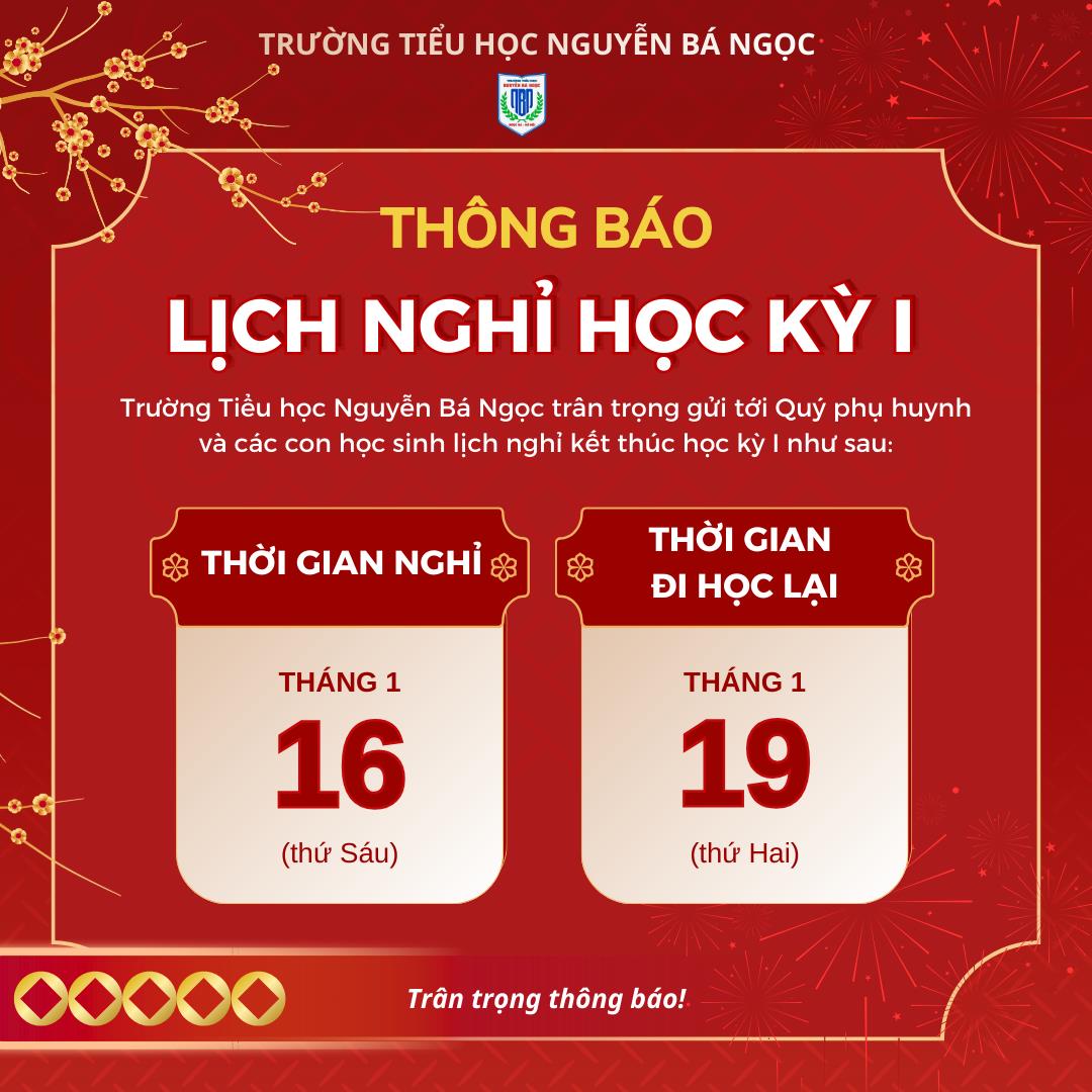 Trường Tiểu học Nguyễn Bá Ngọc thông báo lịch nghỉ học kỳ I năm học 2025 - 2026