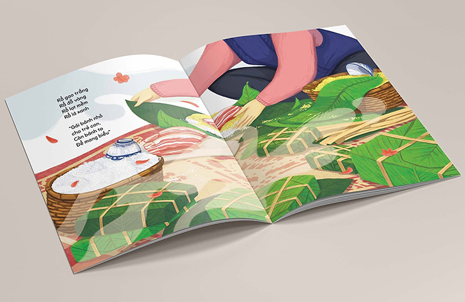 An open book with a picture of a person picking up food

Description automatically generated