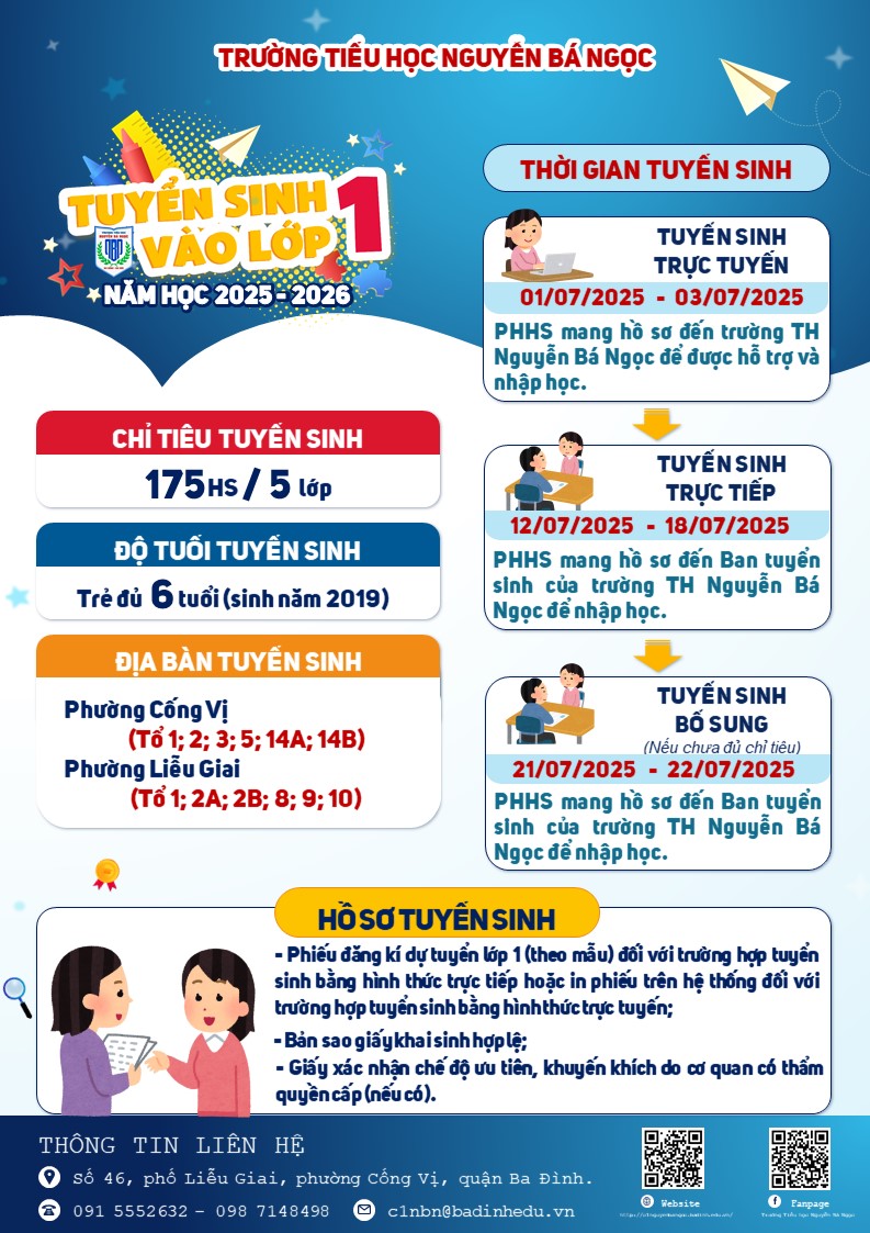 Trường Tiểu học Nguyễn Bá Ngọc thông báo tuyển sinh lớp 1 năm học 2025 - 2026